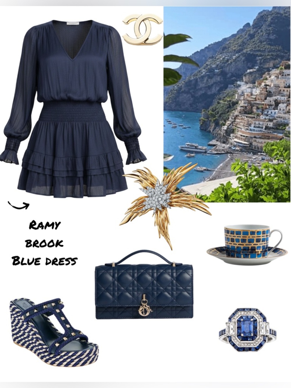 Ramy Brook Navy Long-Sleeve Smocked Waist Sheer Textured Dress